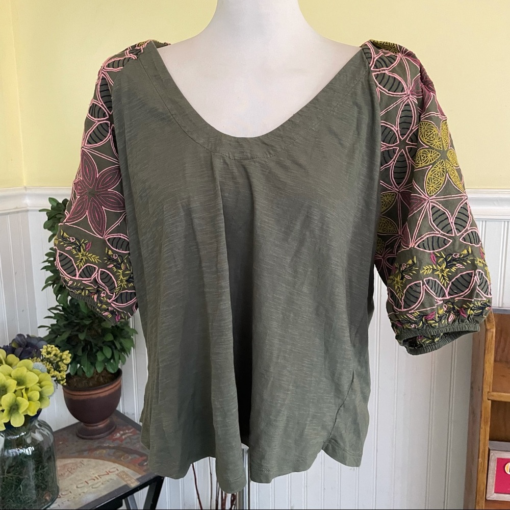 Maeve by Anthropologie size large olive green and embroidered top